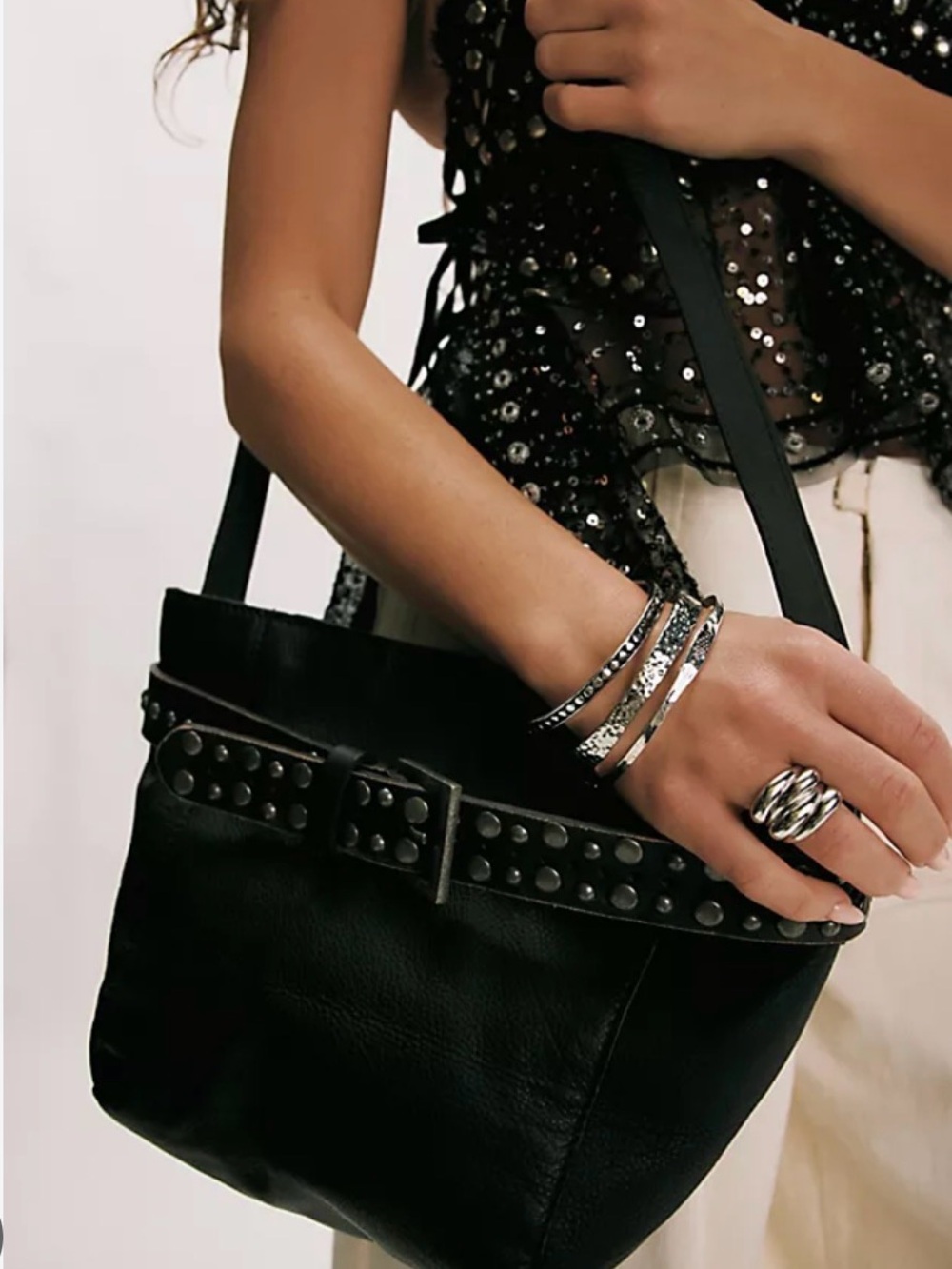 Free People Black Studded Leather Shoulder Bag